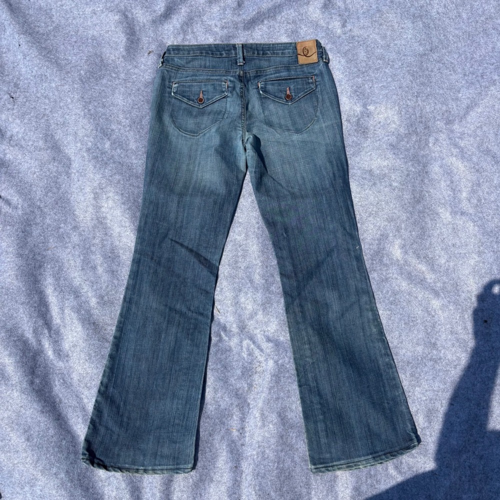 Hippie Womens Flare Jeans Medium Wash Low Rise Button Flap Pocket Denim Size 29